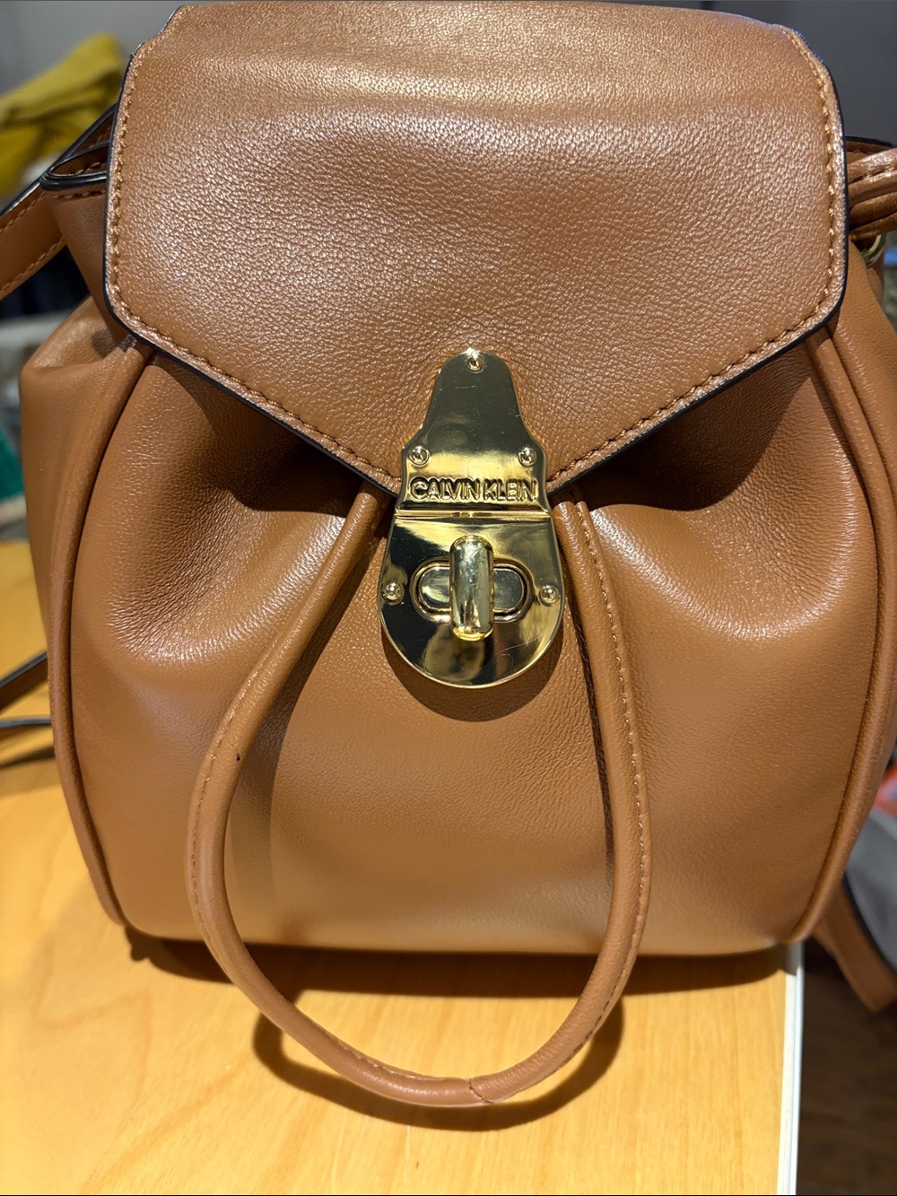 Calvin Klein Cognac Brown Mini Drawstring Crossbody